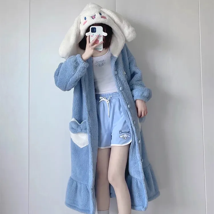 珊瑚绒睡袍女款玉桂狗连帽卡通加绒加厚睡衣冬季保暖家居服可外穿