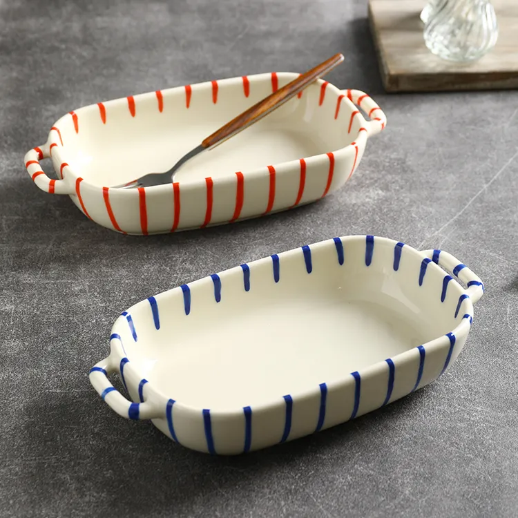 手绘条纹长方盘9.25寸红色蓝色双耳烤盘防烫小众INS风简约陶瓷盘