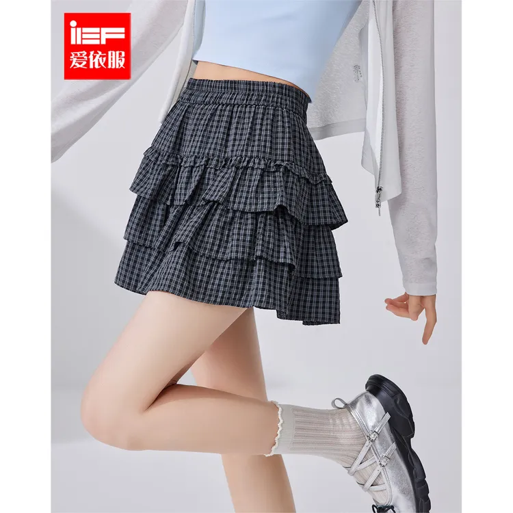 IEF/爱依服2025夏季新款A字半身裙蛋糕裙格子短款学院风百褶裙子