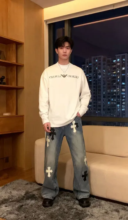 圆领潮男短袖T恤潮流宽松休闲长袖上衣简约印花纯色时尚网红白色