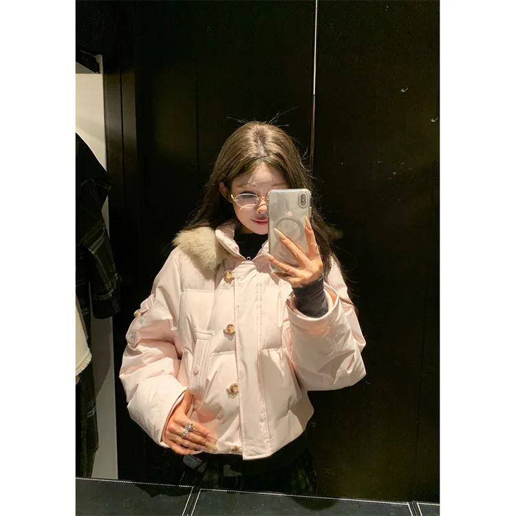 2025冬季新款毛领连帽纯色加厚保暖棉服外套女时尚韩版通勤风上衣