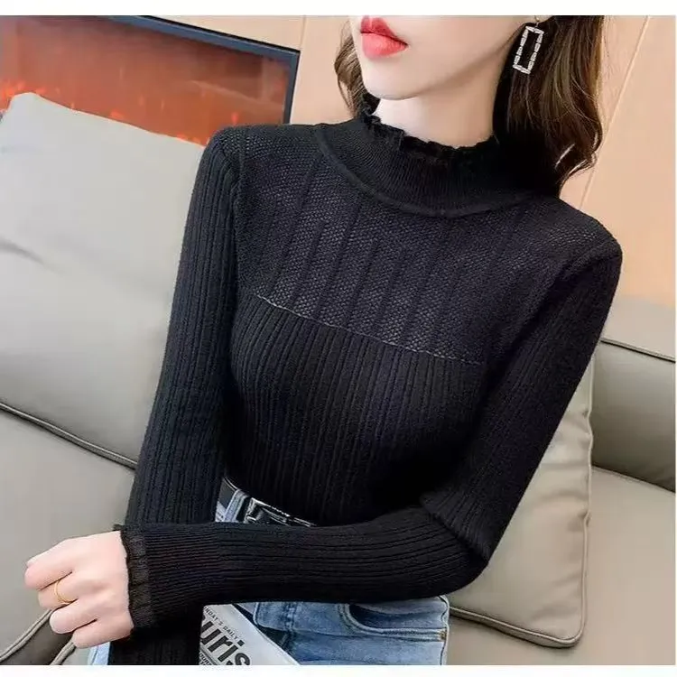春秋打底衫女新款蕾丝半高领针织毛衣内搭洋气时尚百搭修身上衣纯
