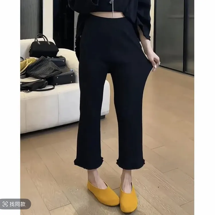 大码女裤高腰显瘦弹力微喇裤时尚百搭松紧腰花边休闲裤