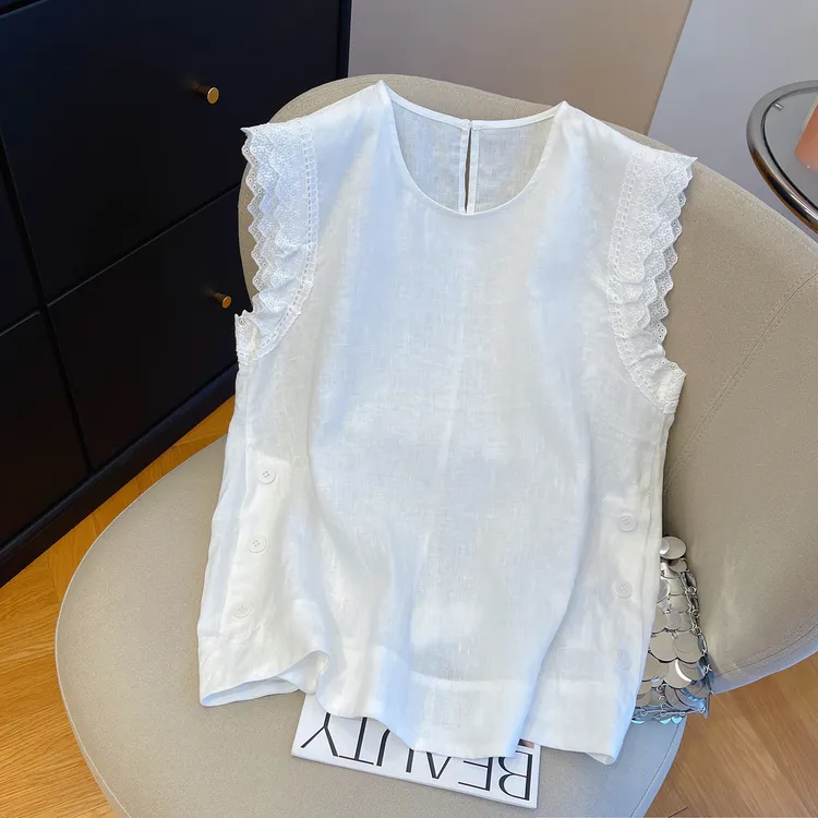 胖妹妹240斤大码高级感蕾丝花边亚麻无袖衬衫女夏季宽松显瘦小衫