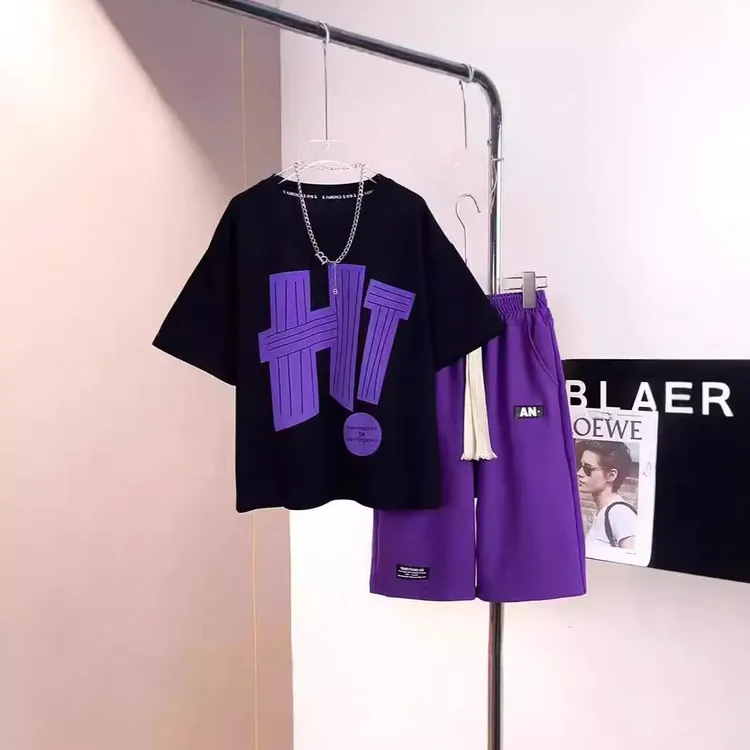 男童夏季宽松套装运动套装中大童卡通宽松印花薄款上衣裤字母套装