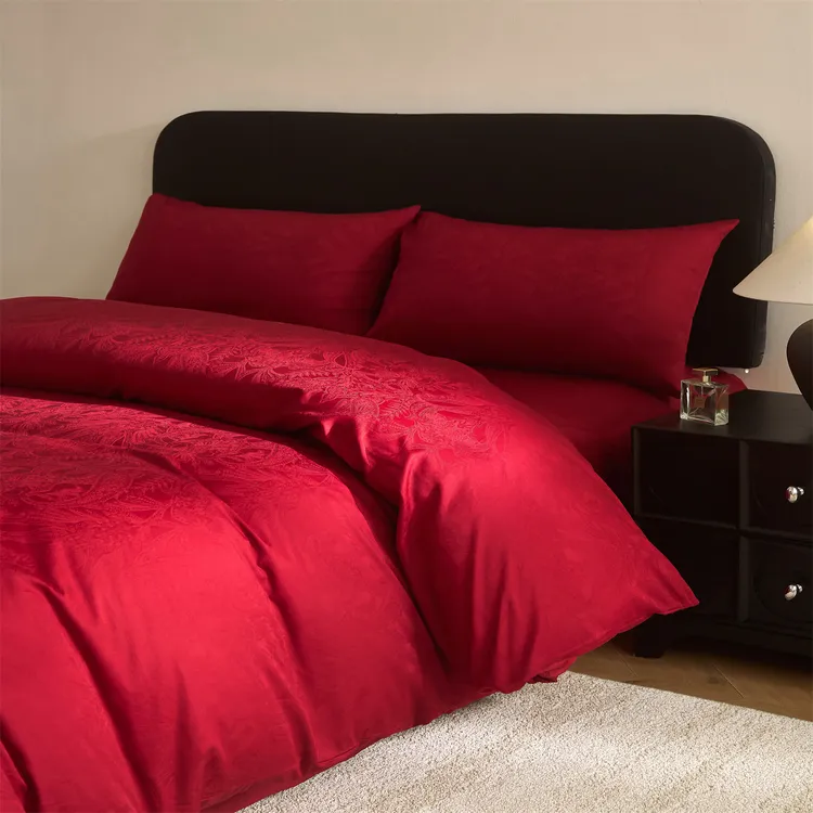 水星高端系列家纺简约雅致喜嫁红色结婚全棉四件套纯棉长绒棉印花