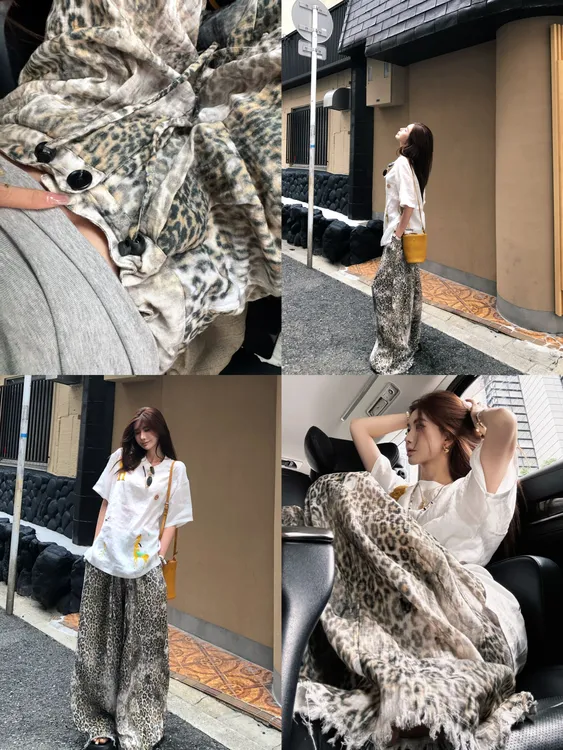 婉君【破碎豹纹】夏季复古豹纹韩版设计感休闲阔腿裤LWJ25B2K1571