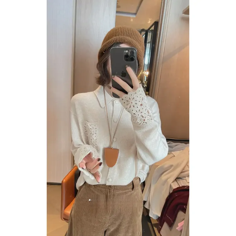 【纯羊毛蕾丝袖毛衣305g】减龄气质感钩花针织衬衫