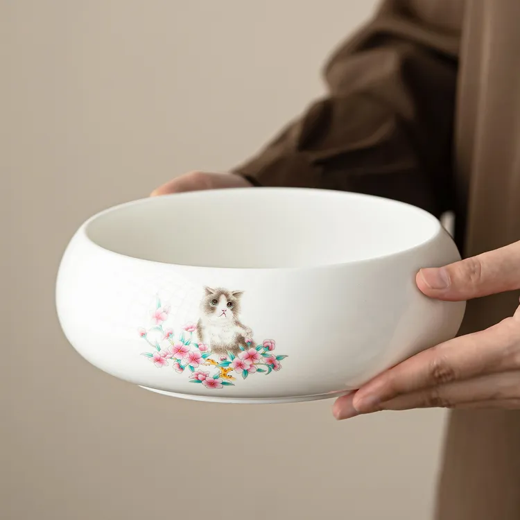 煌山羊脂玉瓷茶洗家用轻奢甜白萌猫茶缸茶道配件水洗杯洗白瓷水盂