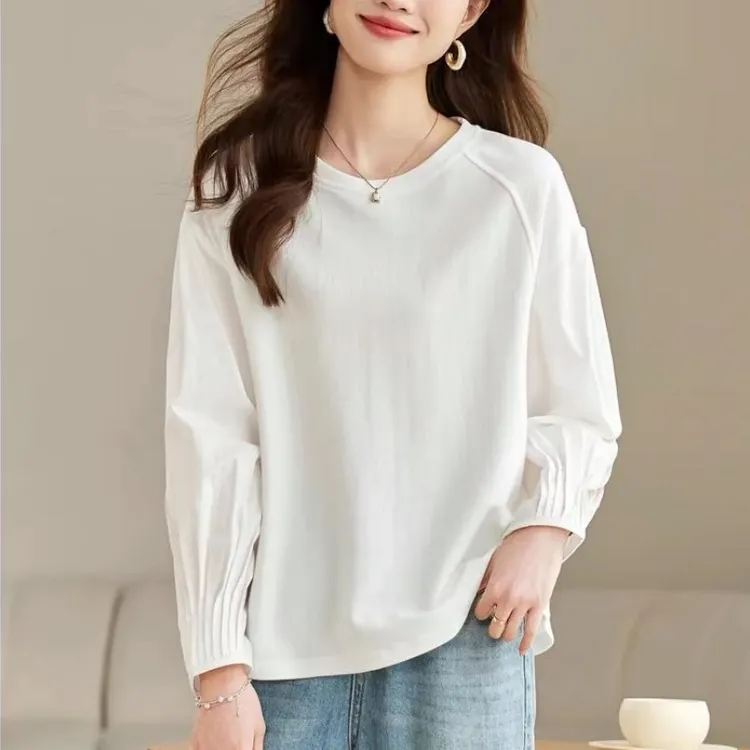 正肩褶皱品质T恤洋气大码显瘦长袖打底衫宽松简约圆领拼接上衣