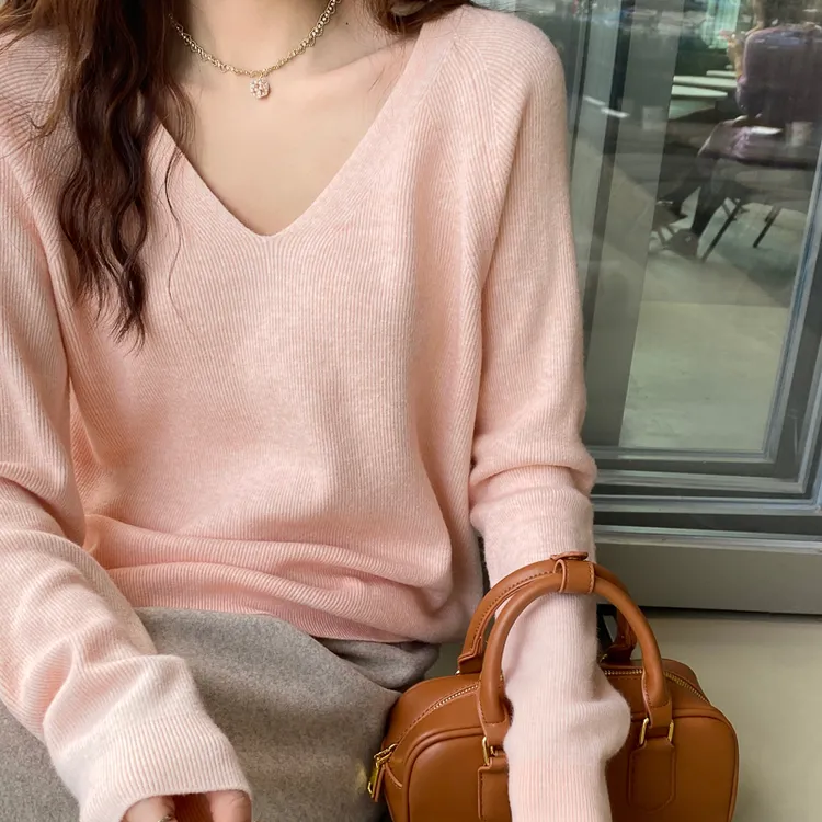 粉色v领打底衫2025新款毛衣内搭高级感宽松百搭针织衫上衣ZZ-1339