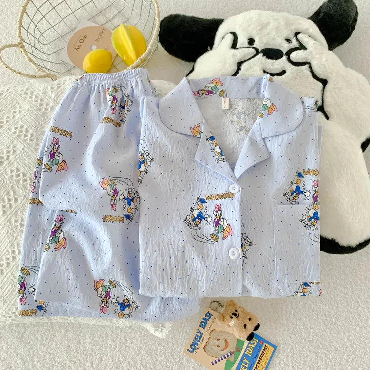 波点小鸭云朵棉短袖短裤睡衣女夏季学生宿舍美少女外穿家居服套装