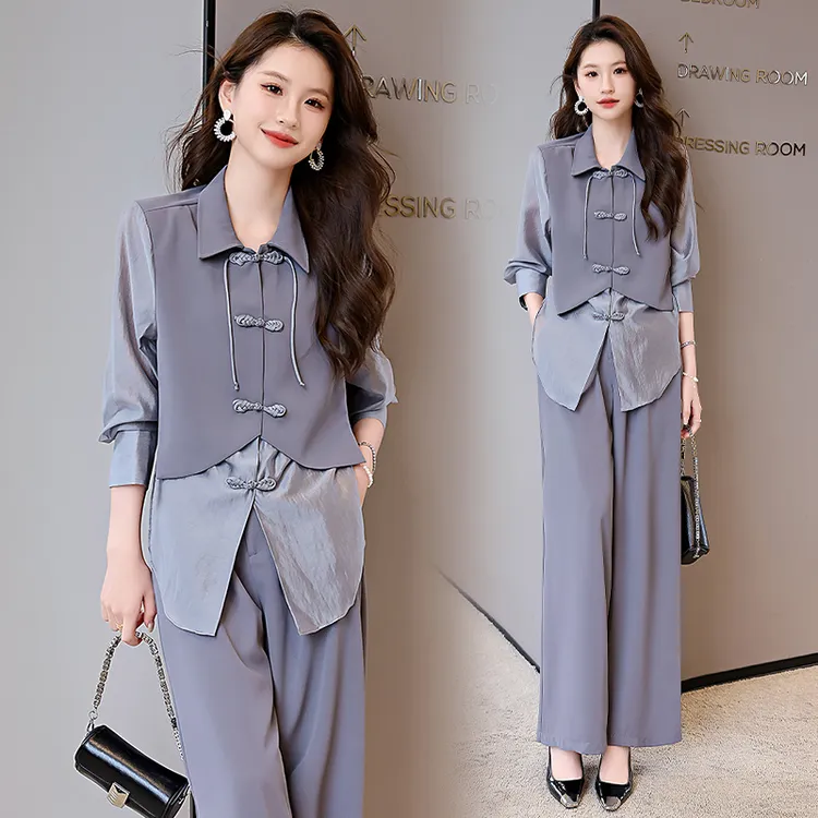 新中式风职业套装女2025年夏季新款搭配一整套衬衫阔腿裤两件套
