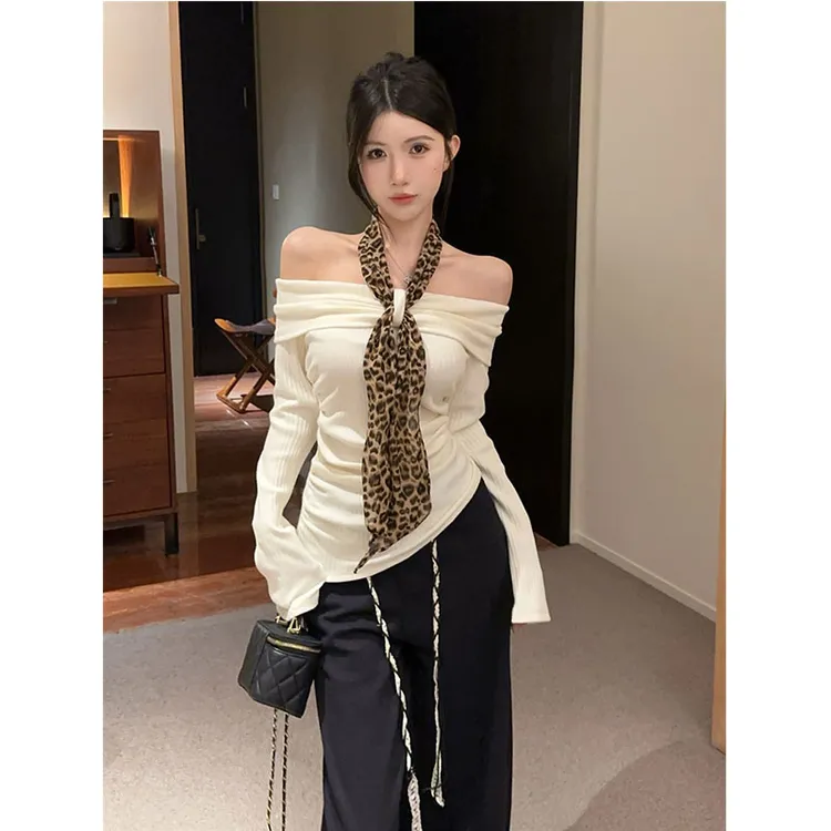 设计感一字肩豹纹挂脖性感飘带长袖打底衫T恤上衣半身裙裤两件套