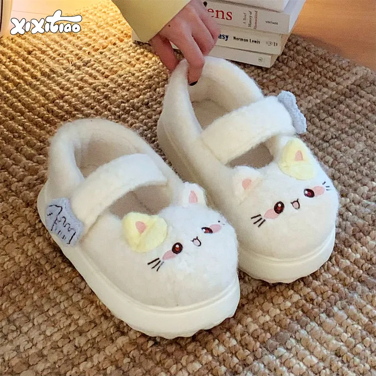 细细条 可爱小猫lolita鞋魔术贴棉鞋女冬ins外穿软萌玛丽珍豆豆鞋