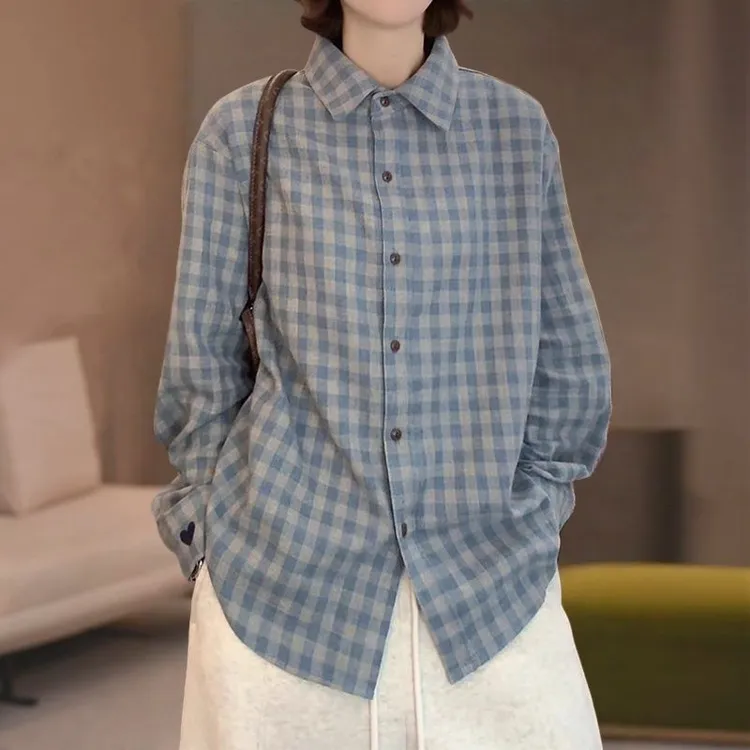 原创设计欧货时尚磨毛格子衬衫秋冬宽松显瘦浅蓝色百搭翻领长袖