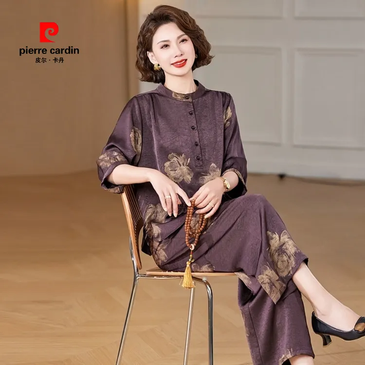 皮尔卡丹妈妈装夏季宽松洋气套装中老年人薄款休闲两件套2025新款