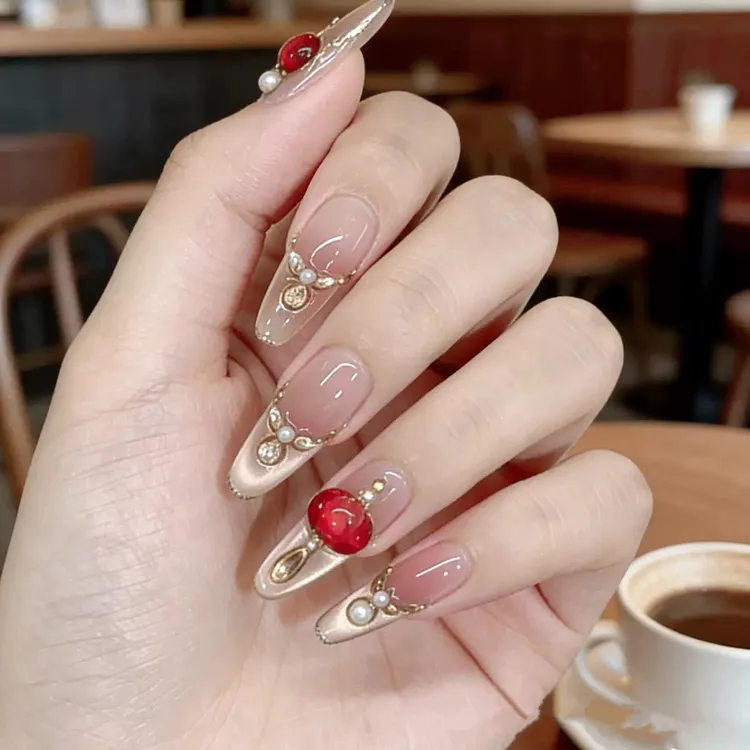 【G011】秋冬冰透法式粉色香槟色蝴蝶爆闪纯手工显白穿戴甲美甲贴片