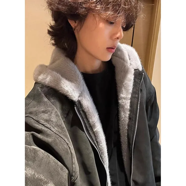 座山雕毛领连帽PU皮棉衣男冬季美式潮牌加绒加厚宽松廓形棉服外套