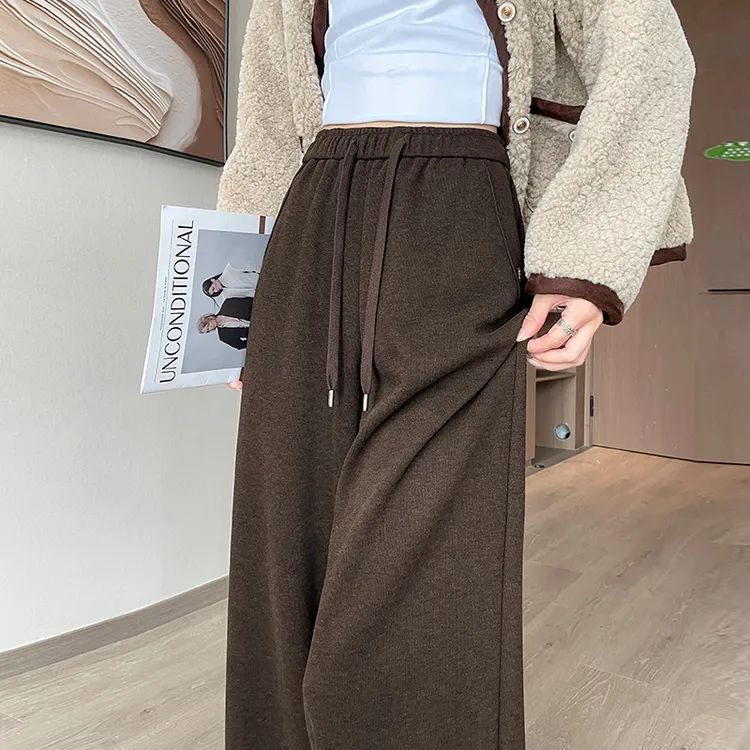 2025秋冬新款加绒阔腿裤高中女生高腰窄版糯米裤休闲显瘦拖地裤女