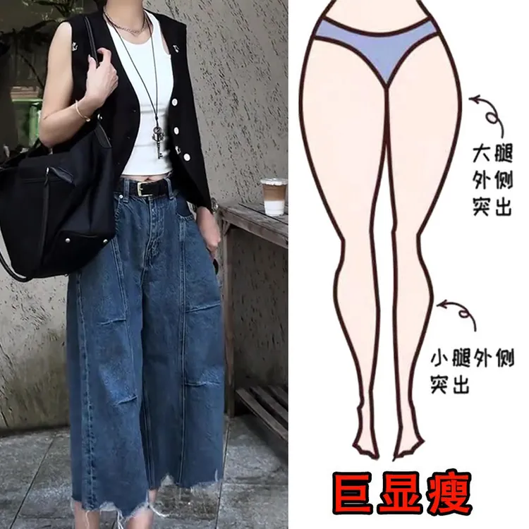 2025夏季薄款高腰设计感毛边牛仔裤女宽松百搭显瘦阔腿牛仔八分裤