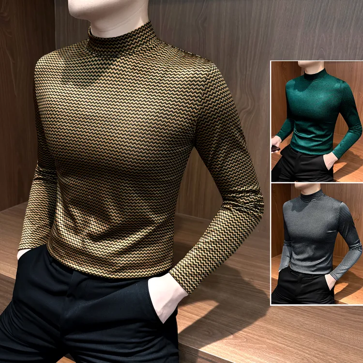 半高领长袖t恤男款爆款2025新款高级感男装波浪纹内搭男士打底衫