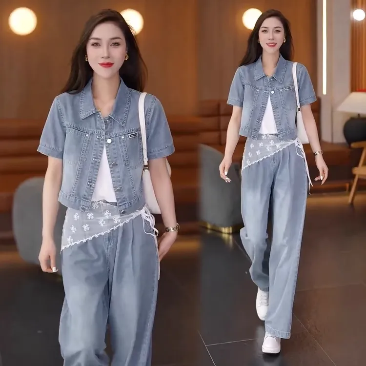 时尚牛仔套装女2025春夏新款时髦洋气短袖上衣阔腿裤显瘦两件套潮