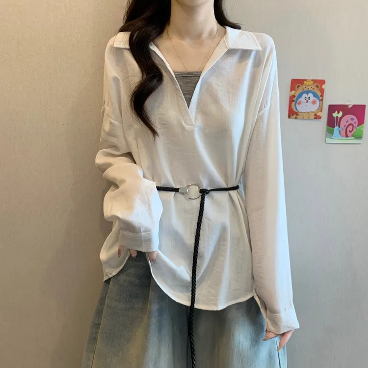 大码女装遮肚子假两件正肩长袖衬衫女春秋胖妹妹遮肉显瘦洋气上衣