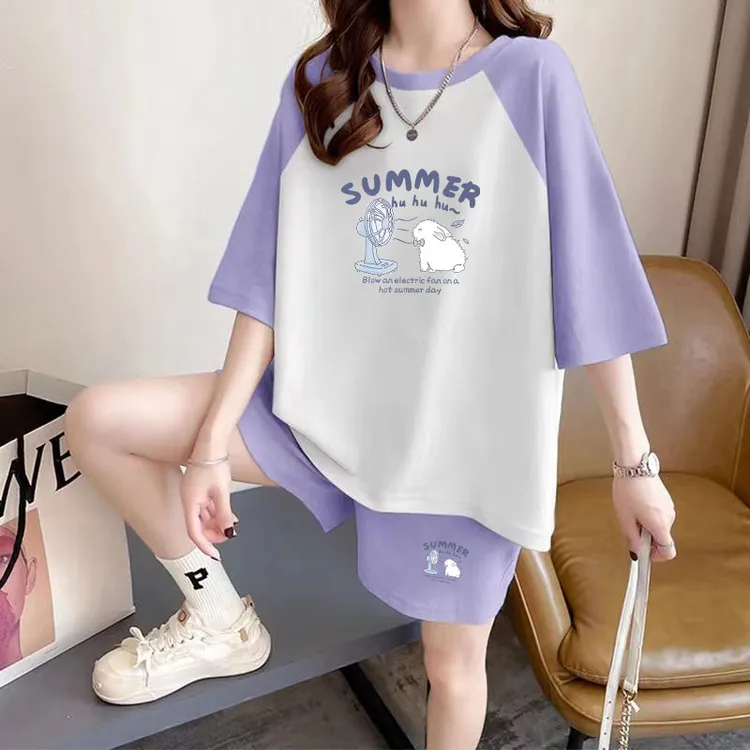 外贸清仓韩系时尚减龄休闲运动套装女夏季宽松显瘦短袖短裤两件套