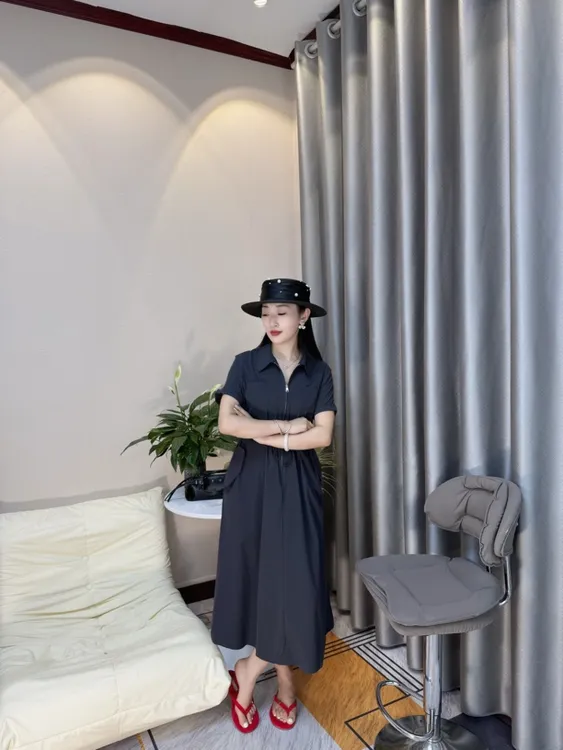 5371款POLO领常规短袖拉链连衣裙夏季长裙