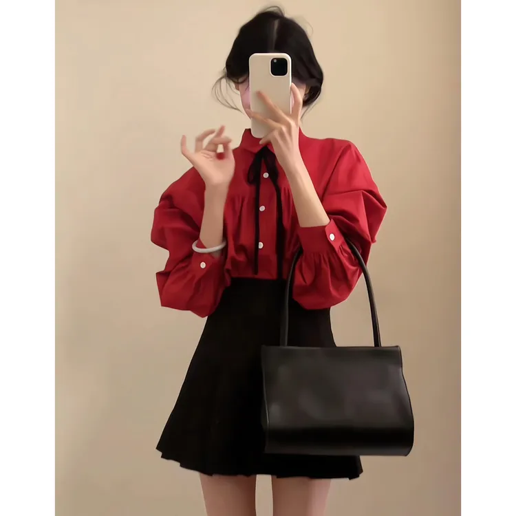 2025新款春季穿搭一整套气质名媛红色衬衫半身裙韩系chic两件套装