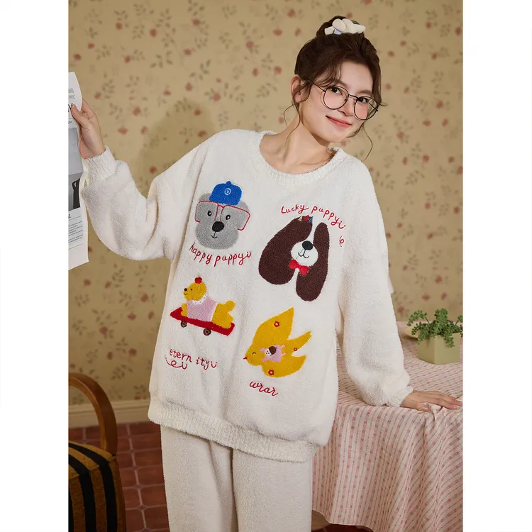 秋冬季女士卡通半边绒新款睡衣加绒加厚珊瑚绒保暖冬天家居服套装