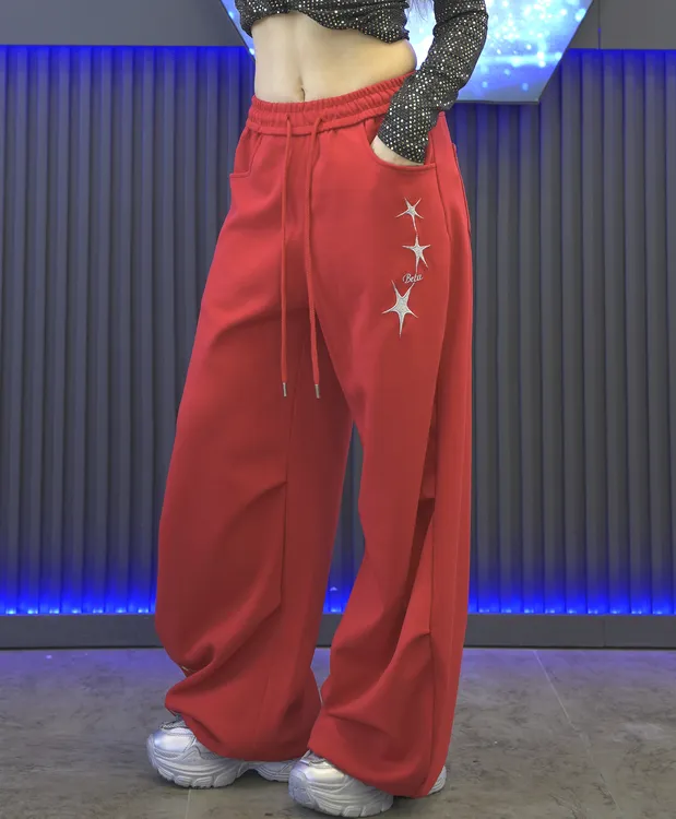 2561款休闲裤女装街舞烫钻保暖嘻哈显瘦绣花阔腿宽松直筒弯刀裤