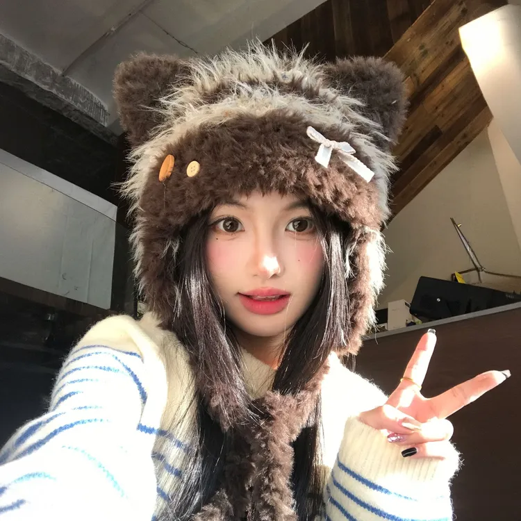 甜美可爱猫耳朵蝴蝶结毛绒帽子女2025新款秋冬保暖显脸小护耳帽潮