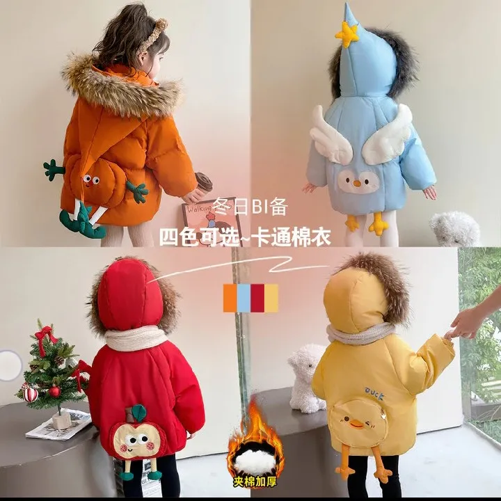 女童2025新款红色真毛领加厚保暖棉服冬季女宝宝洋气外套拜年服