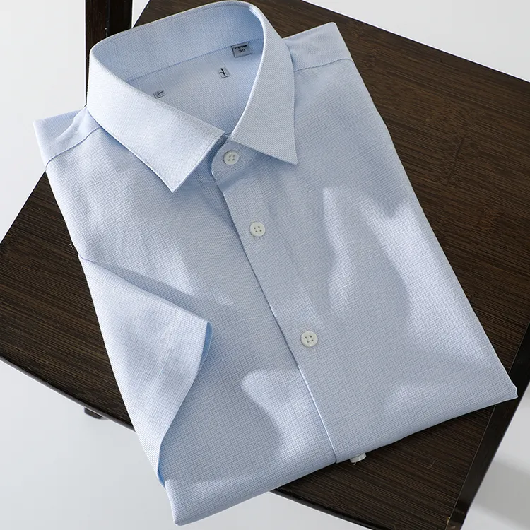 清爽亚麻撤柜男装DP免烫衬衫男款夏季薄款商务休闲浅蓝色衬衣