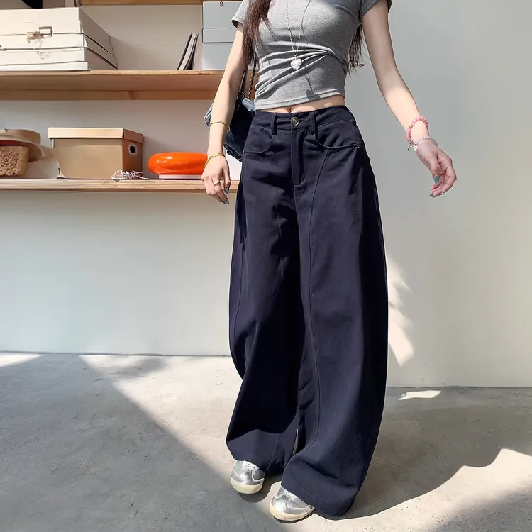弯刀裤子韩系高腰牛仔裤2025女夏季新款宽松辣酷风阔腿拖地长裤潮