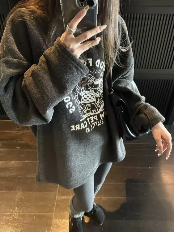 【卡通T】冬季德绒印花宽松T恤