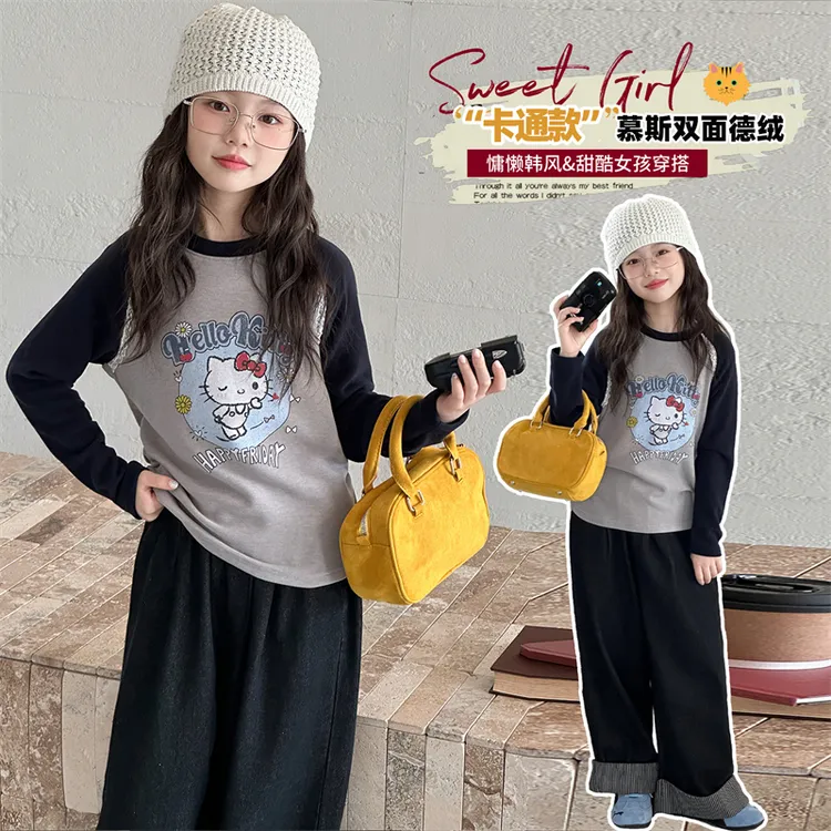 6-12岁女童潮款卫衣中大童新款秋冬款小众设计卡通休闲上衣加绒款