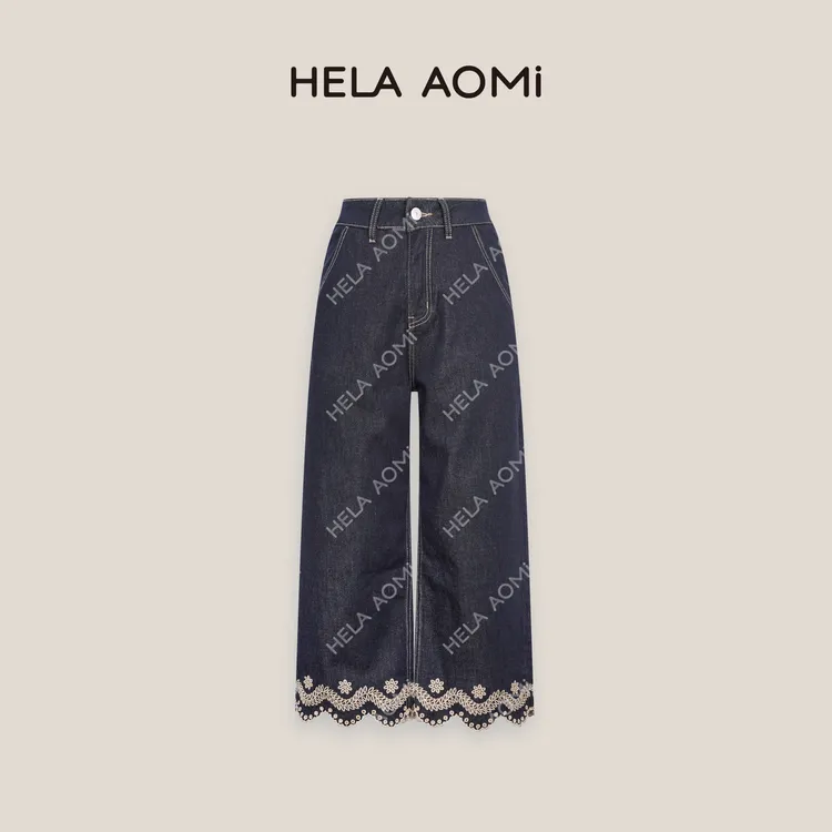 HELA AOMI“花边刺绣”莱赛尔纯色宽松阔腿直筒牛仔裤CY5BC62426