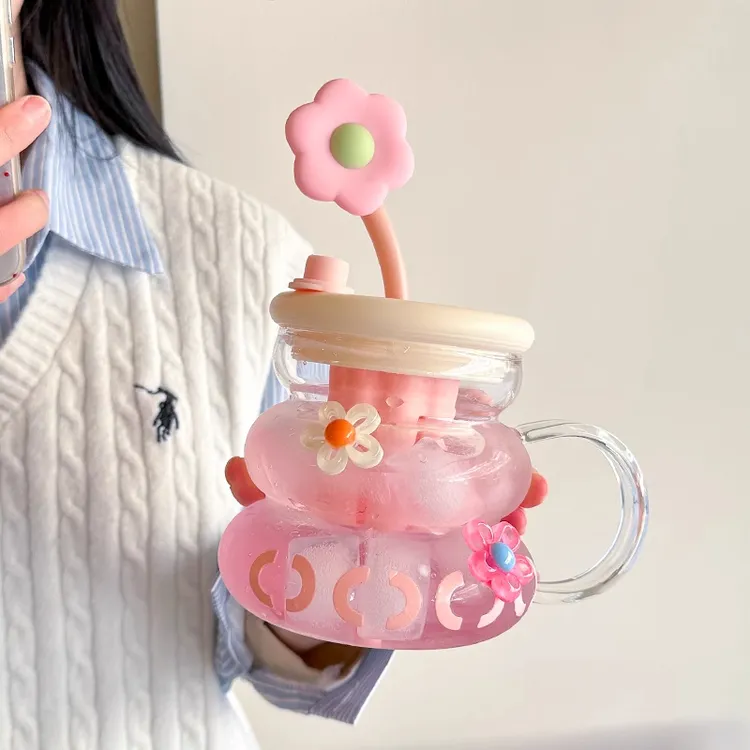 女生玻璃杯大容量茶水分离花茶杯办公室高颜值手柄吸管杯2025新款