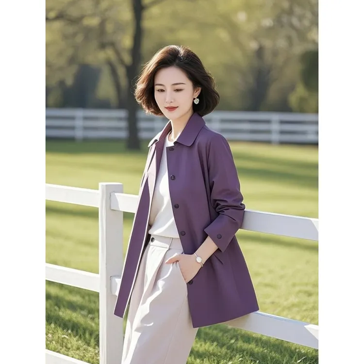 2025新款春季韩系超好看独特漂亮小个子短款紫色薄款风衣外套女士