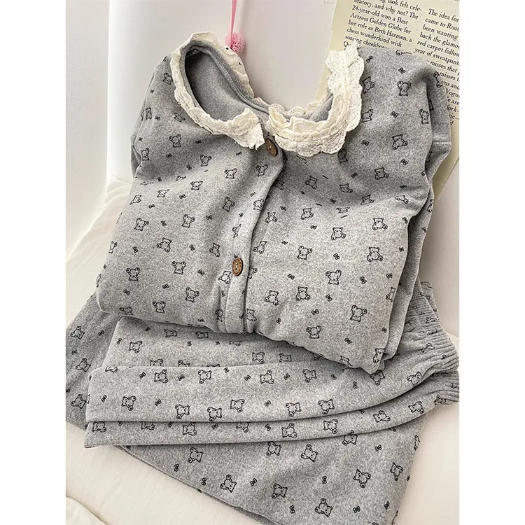 保暖加厚秋冬季长袖长裤睡衣女德绒甜美可爱小熊蕾丝圆领软糯套装