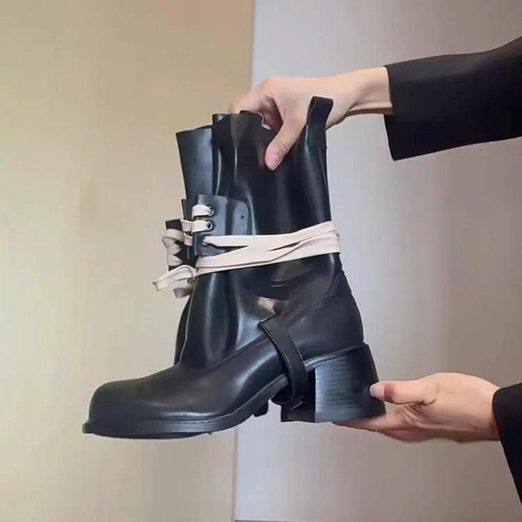 牛皮版~小众英伦风大宽筒系带马丁靴女真皮气质圆头显瘦机车靴潮