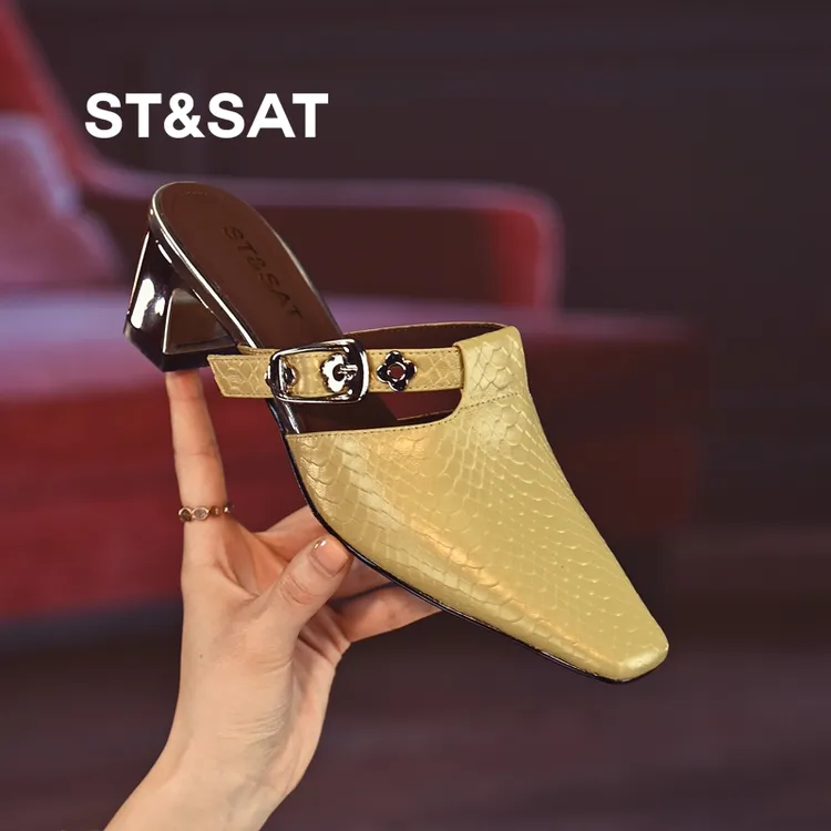 星期六羊皮真皮穆勒鞋女2025年夏爆款时尚外穿懒人鞋粗跟包头拖鞋