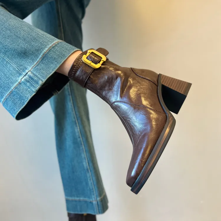 羊皮静音底高跟短靴新款复古短靴厚底增高加绒马丁靴小个子瘦瘦靴