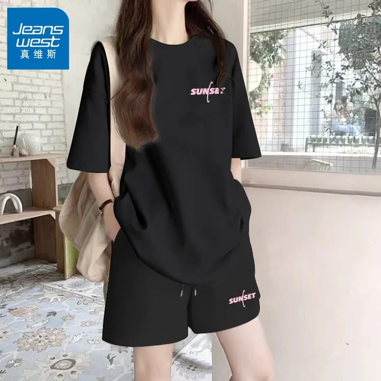 真维斯无界黑色休闲运动套装女夏季2025新款纯棉短袖短裤两件套夏