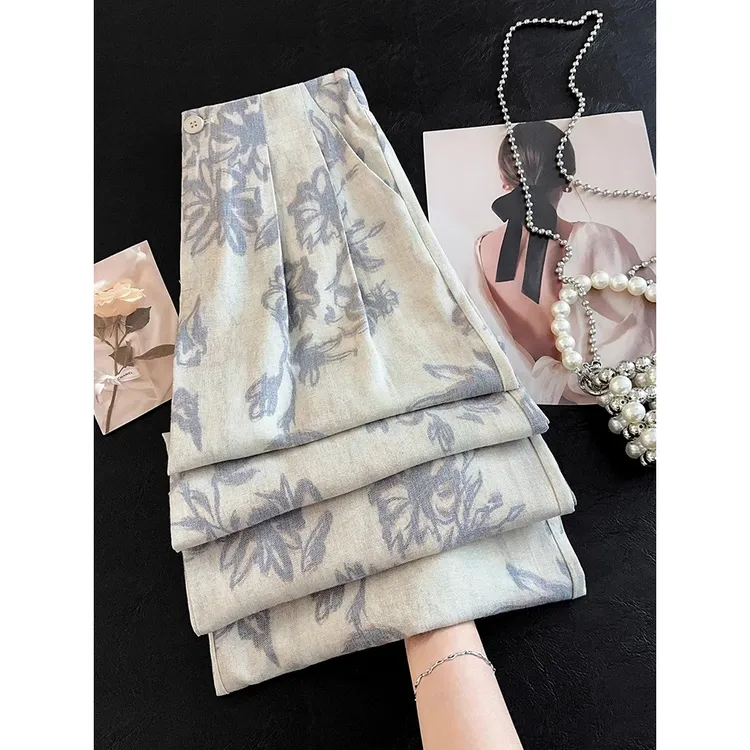 垂坠感棉麻阔腿裤女夏季高级感独特印花扎染天丝亚麻上档次半身裙