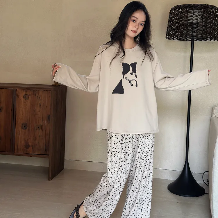 及好新款睡衣女春秋季纯棉小狗长袖宽松可外穿家居服秋冬款套装