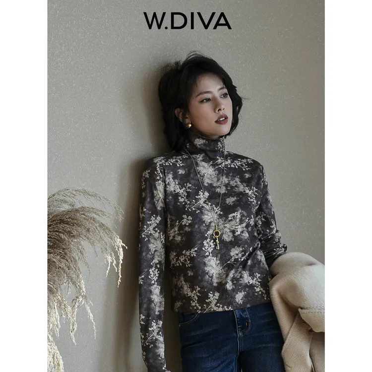 W.Diva【花亭序】国风复古印花早秋百搭修身高领打底衫53T303169